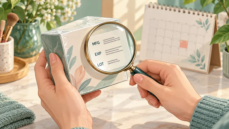 Kính lúp làm rõ các ký hiệu MFG, EXP và LOT trên bao bì sản phẩm chăm sóc da.