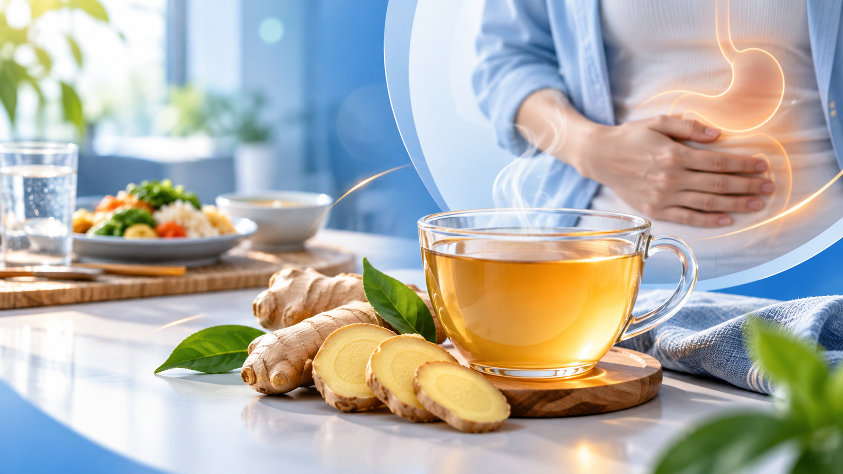 Trà gừng và lát gừng tươi bên cạnh bữa ăn nhẹ, với hình minh họa vùng bụng ở hậu cảnh
