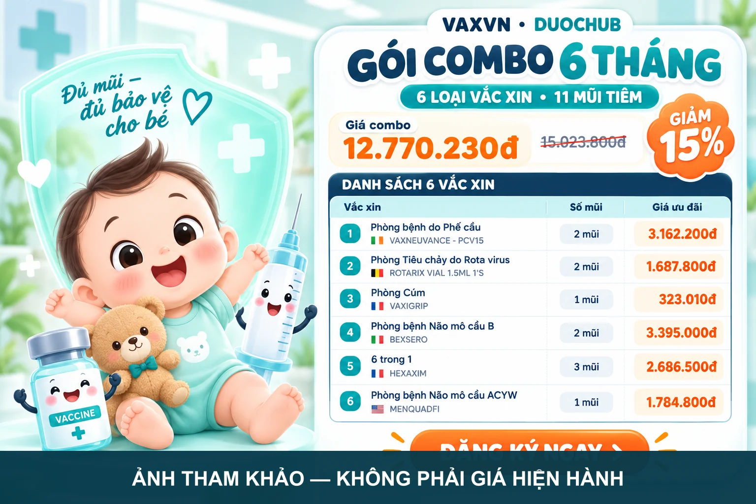 Ấn phẩm minh họa gói 6 tháng gắn tên VAXVN và Dược Hub, có nhãn không phải giá hiện hành