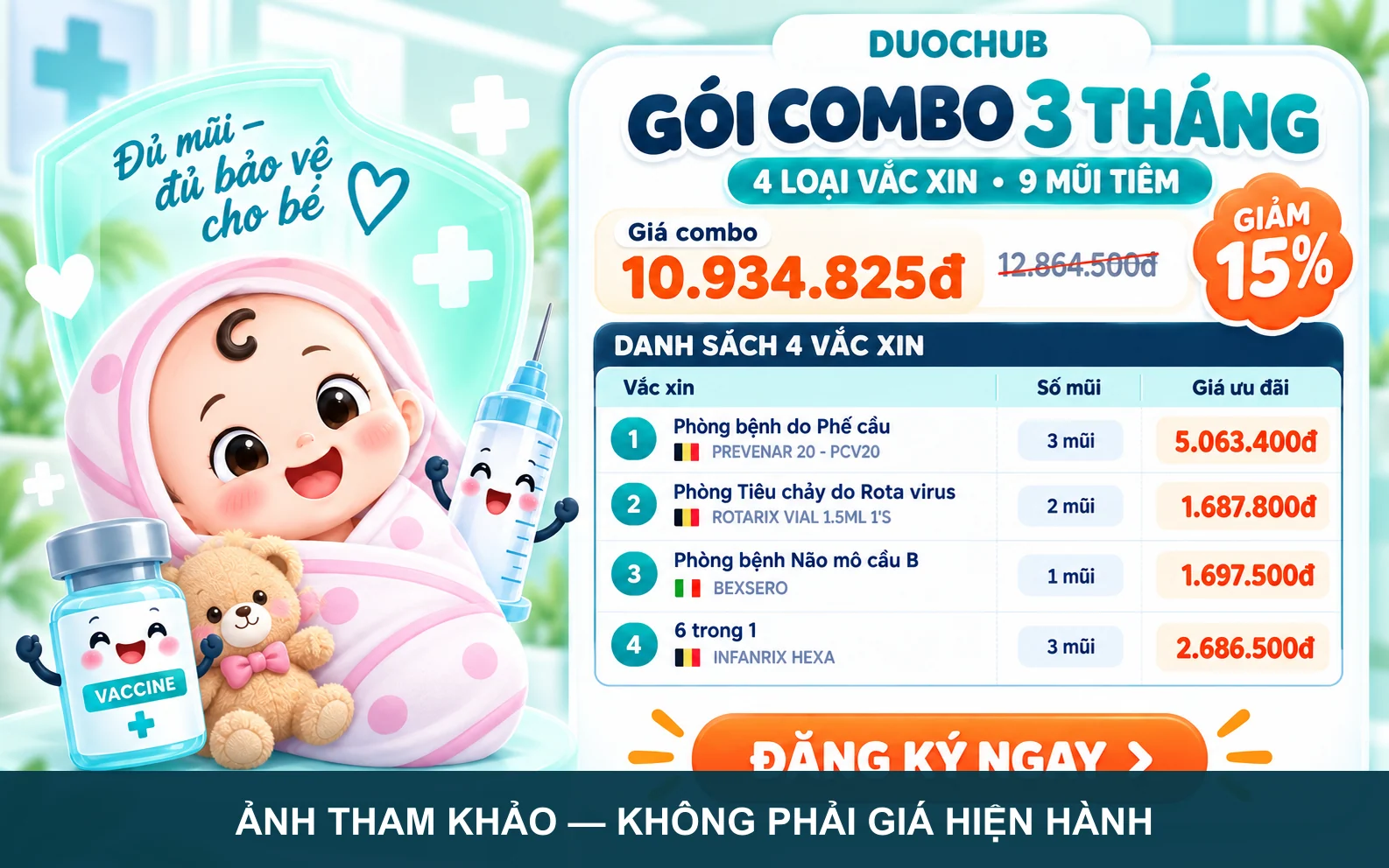 Ấn phẩm tham khảo gói combo 3 tháng gồm 4 loại vắc xin và 9 liều, có nhãn không phải giá hiện hành