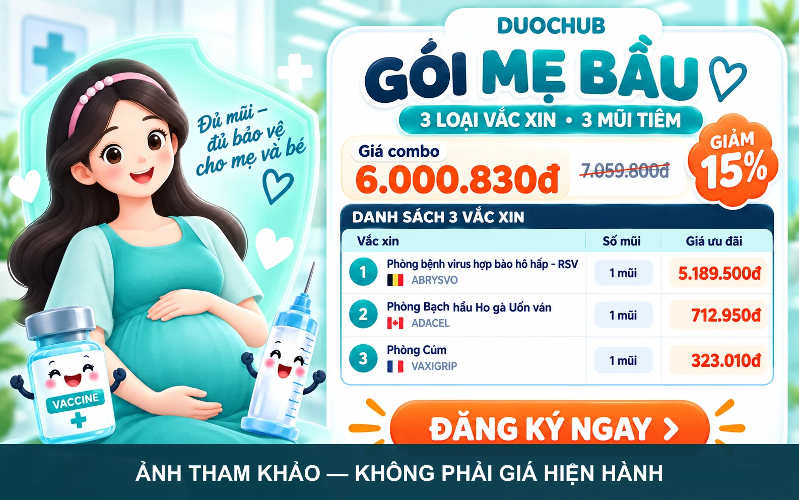Ấn phẩm tham khảo gói mẹ bầu gồm 3 loại vắc xin, có nhãn không phải giá hiện hành