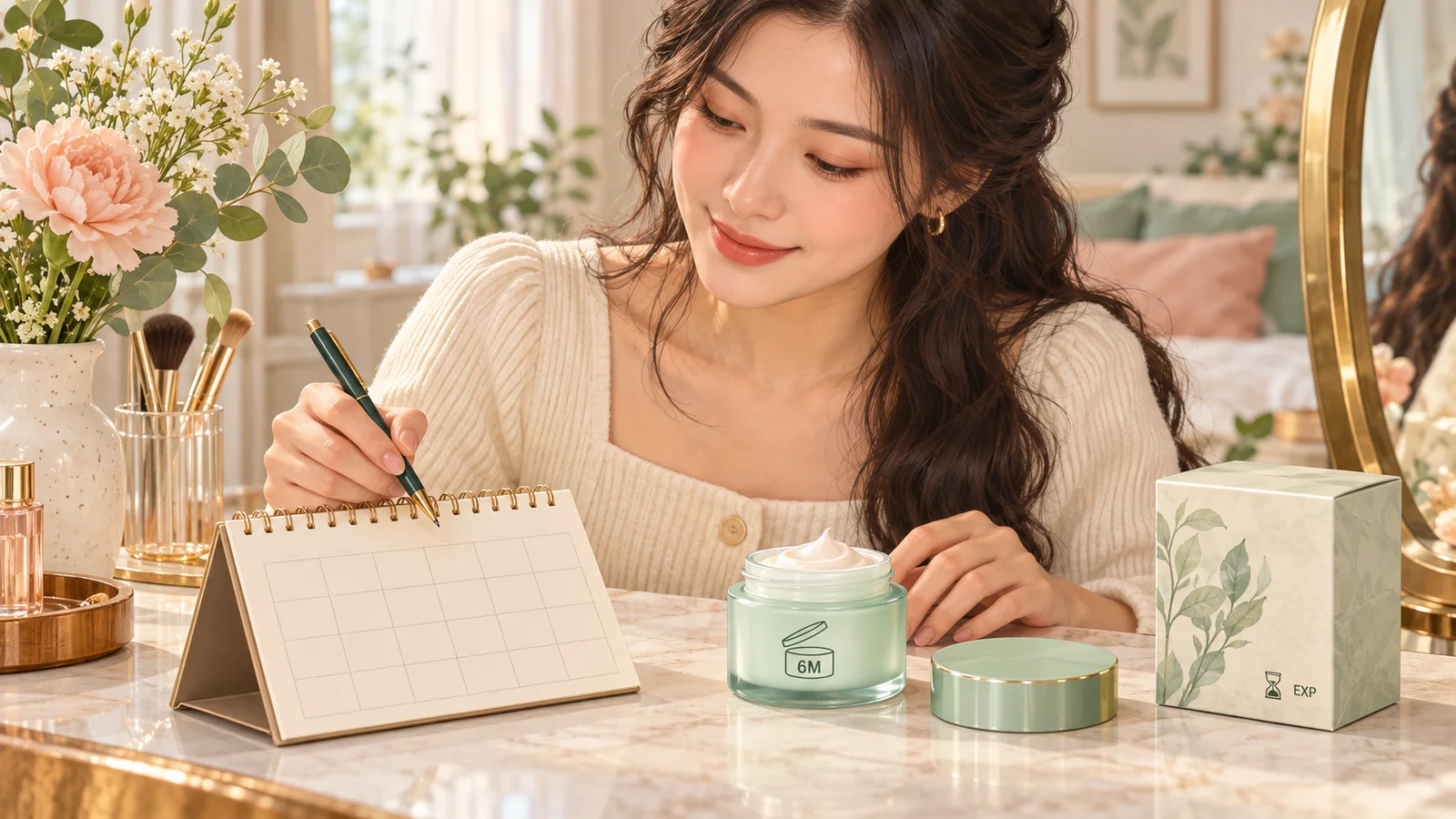 Người dùng ghi ngày mở mỹ phẩm, bên cạnh hũ có ký hiệu 6M và hộp ghi EXP.