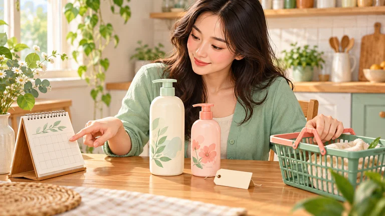 Người mua đối chiếu lịch sử dụng và hai chai chăm sóc cá nhân có dung tích khác nhau.