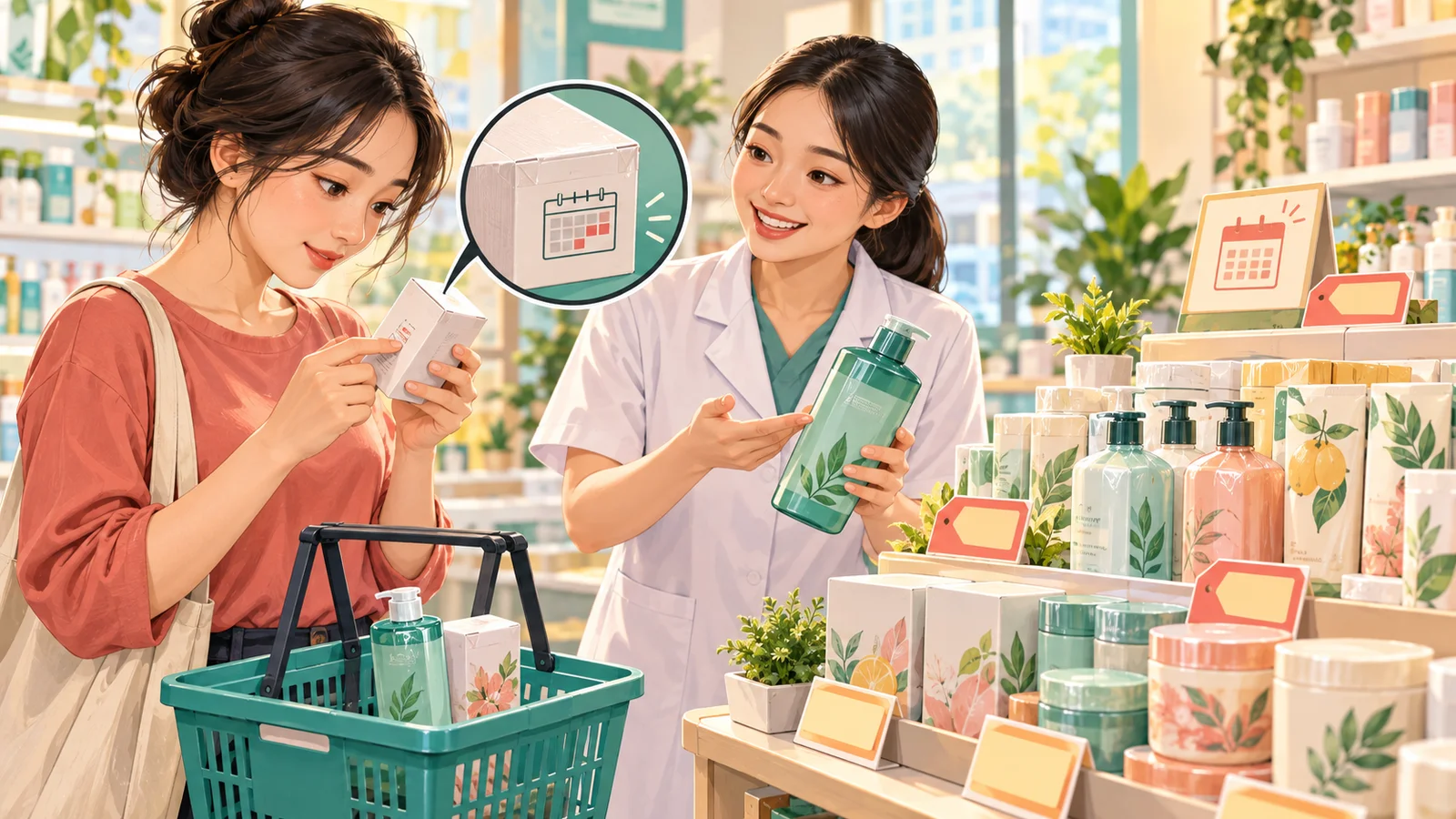 Khách kiểm tra hạn dùng của sản phẩm chăm sóc cá nhân tại quầy cửa hàng.