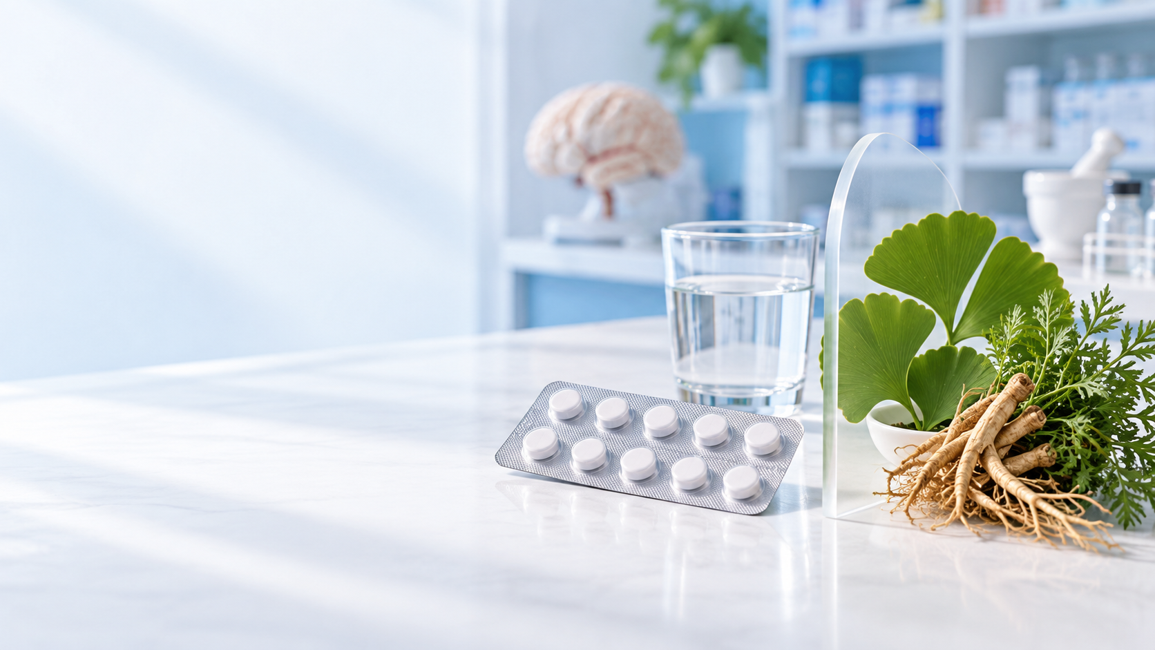 Vỉ thuốc và dược liệu bạch quả, đinh lăng được đặt tách biệt trong không gian dược phẩm sạch