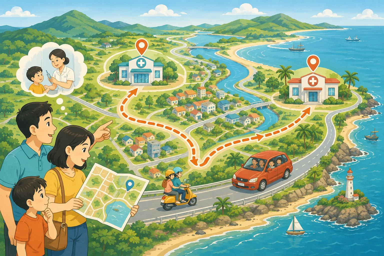 Bản đồ minh họa hành trình tìm địa điểm tiêm chủng thuận tiện tại Bà Rịa Vũng Tàu