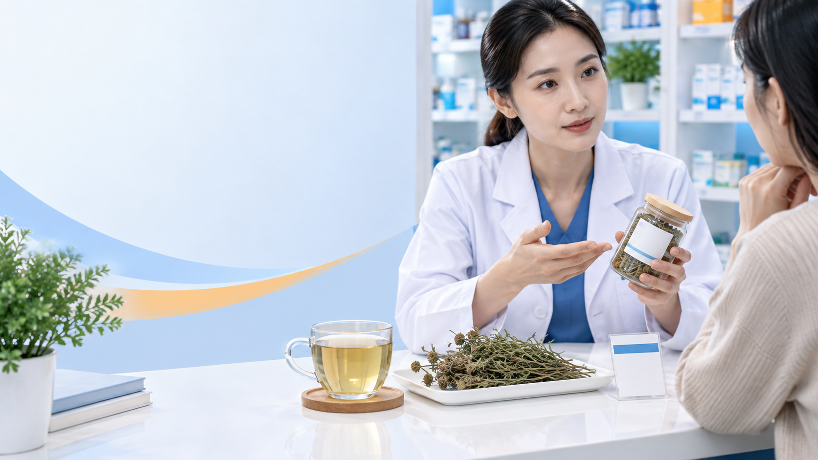Dược sĩ trao đổi với người dùng về trà nhân trần trong không gian tư vấn sạch, hiện đại