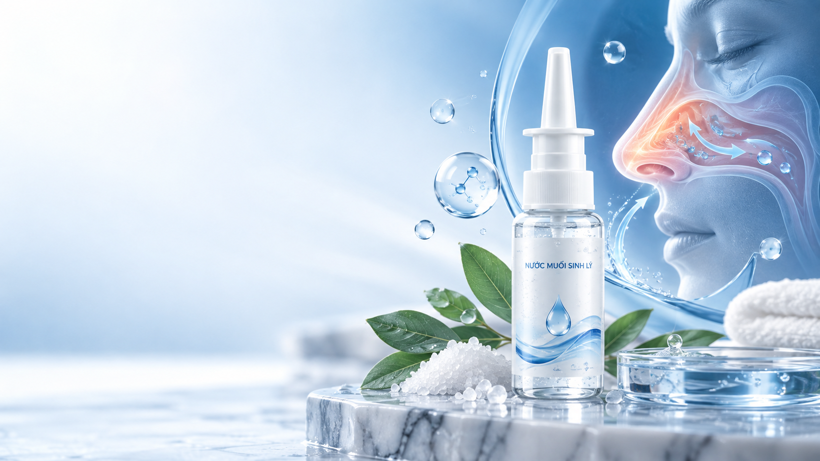 Minh họa chai nước muối sinh lý, vòi xịt và giọt nước