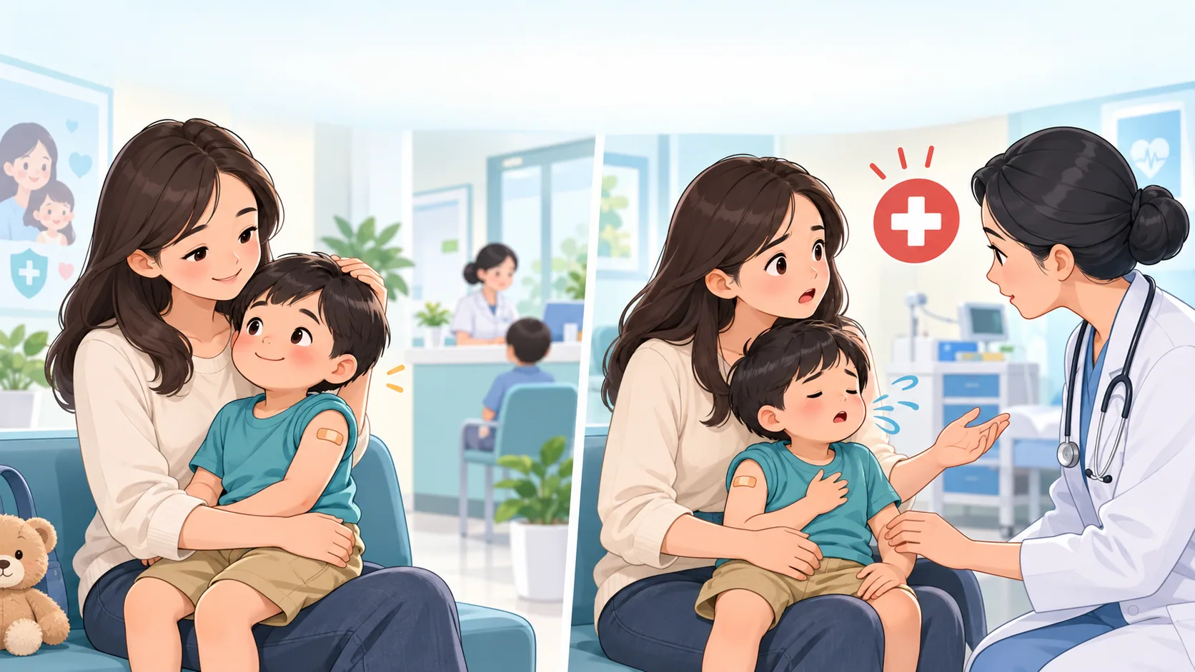 Tranh minh họa phản ứng nhẹ sau tiêm ở trẻ và gia đình nhờ nhân viên y tế hỗ trợ khi có dấu hiệu đáng lo