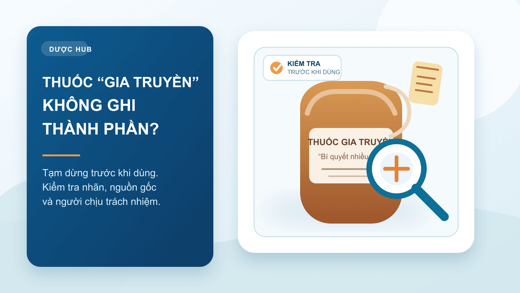 Gói thuốc gia truyền không rõ thành phần được kiểm tra bằng kính lúp trong không gian tư vấn dược