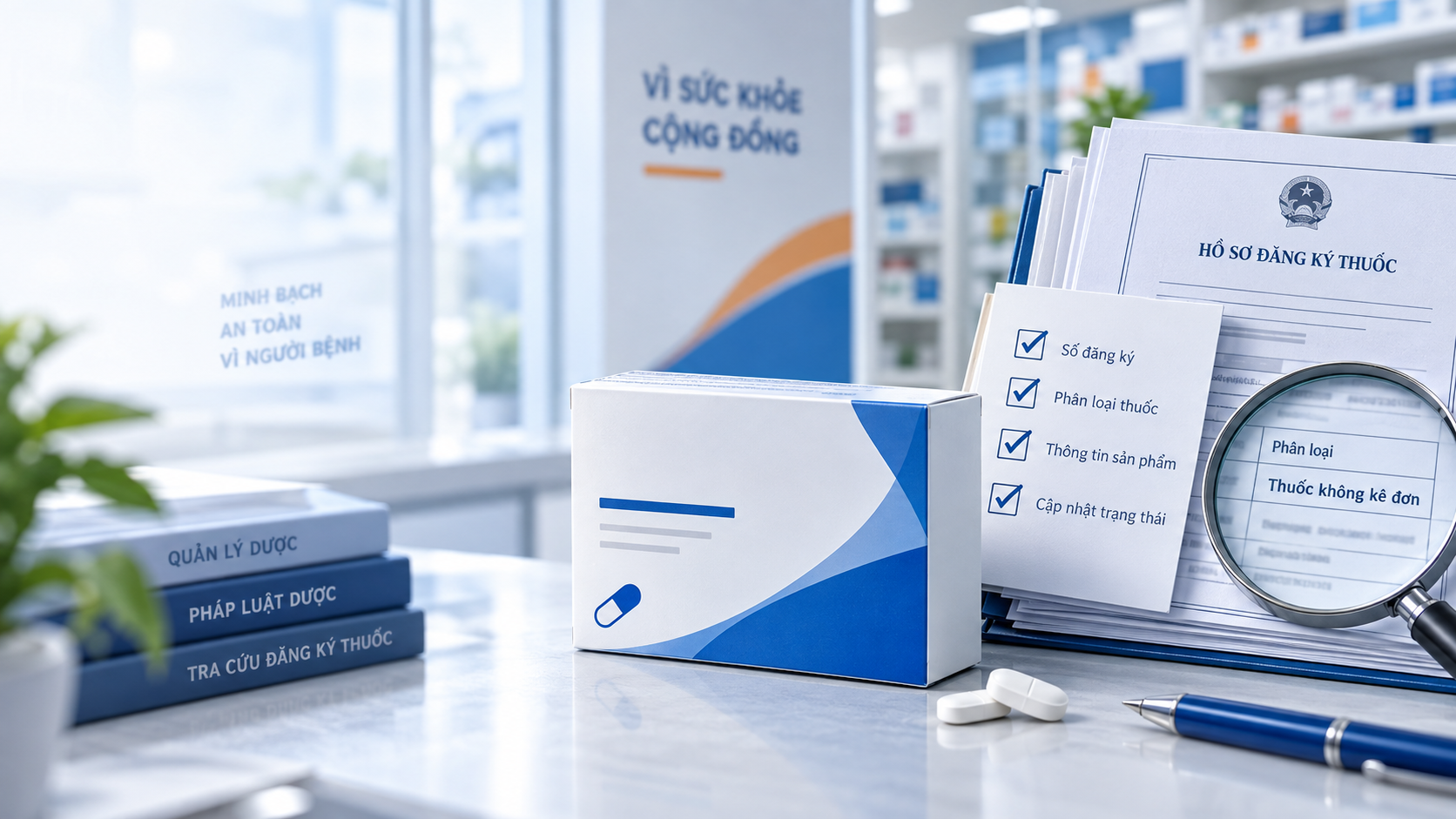 Minh họa hộp thuốc không kê đơn, dấu kiểm và checklist tra cứu