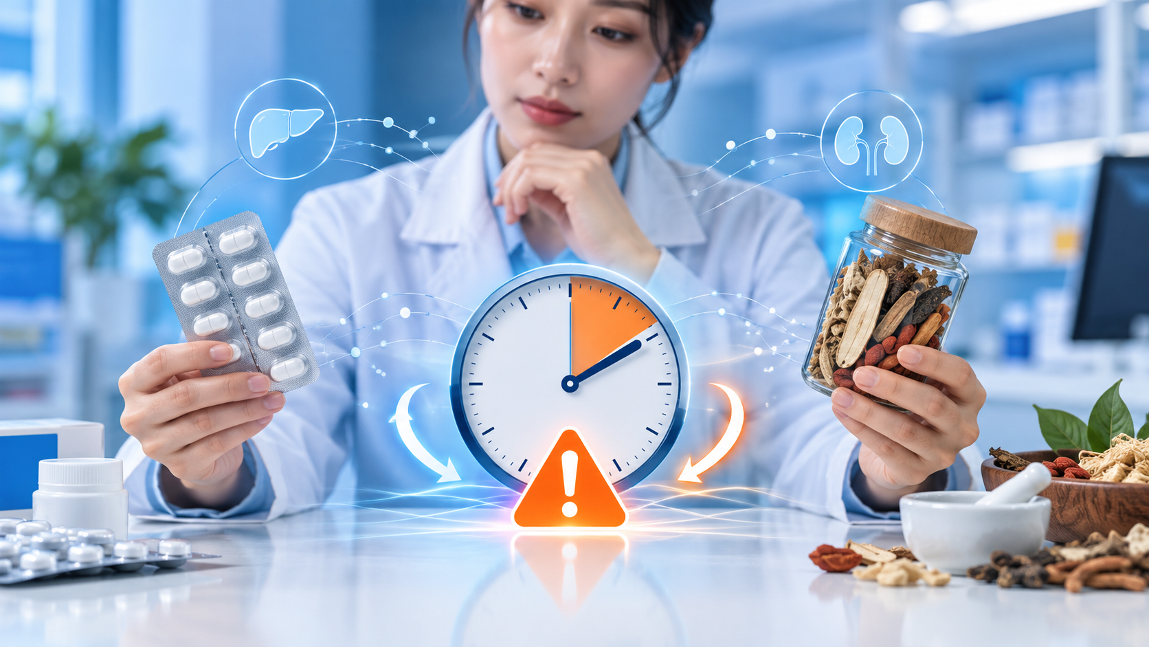 Dược sĩ kiểm tra vỉ thuốc và sản phẩm dược liệu đặt hai bên đồng hồ hai giờ