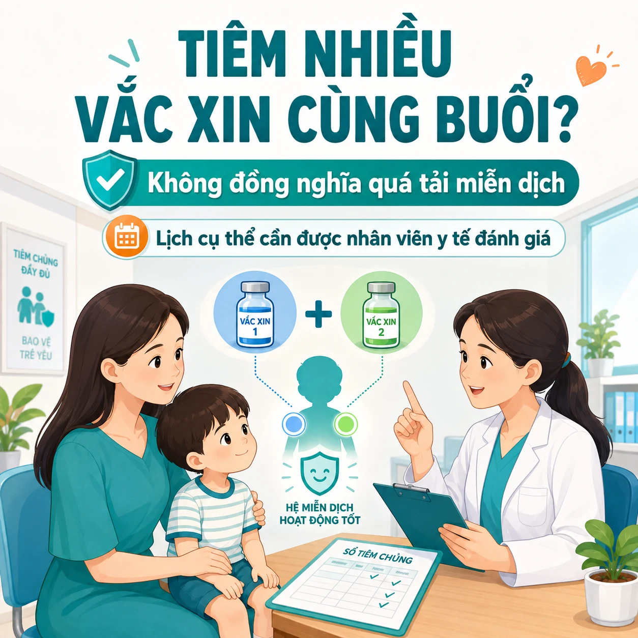 Gia đình trao đổi với nhân viên y tế về việc tiêm nhiều vắc xin cùng buổi; không đồng nghĩa quá tải miễn dịch