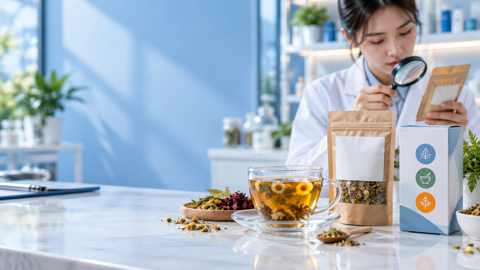 Dược sĩ kiểm tra nhãn sản phẩm trà thảo mộc trong không gian tư vấn hiện đại