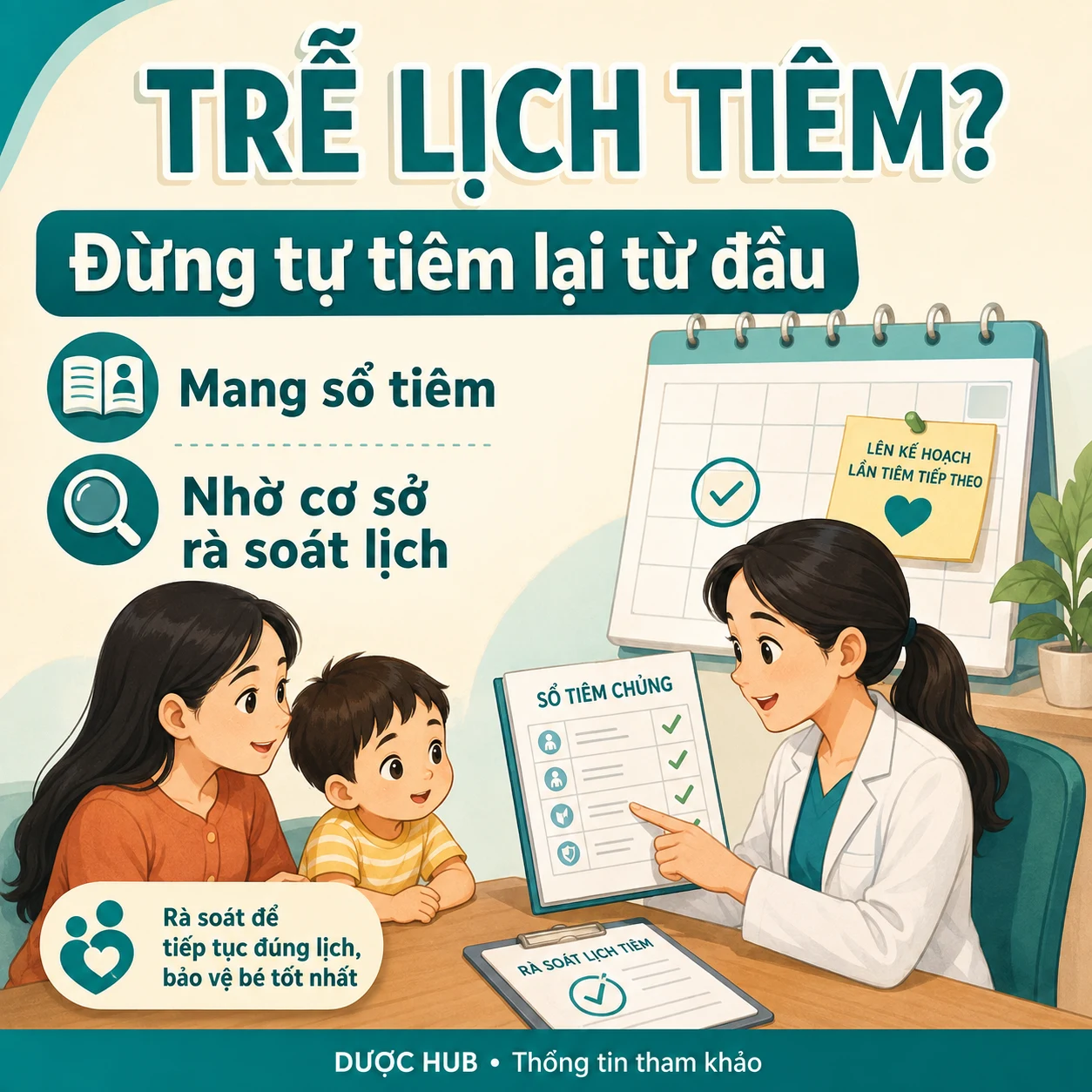 Cha mẹ mang sổ tiêm để nhân viên y tế rà soát sau khi trẻ lỡ lịch hẹn; thông điệp đừng tự tiêm lại từ đầu