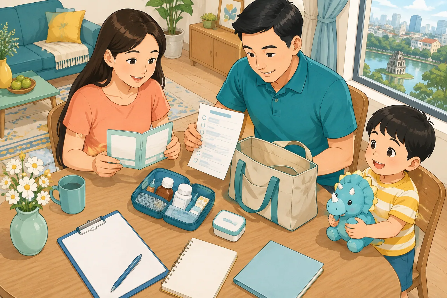 Minh họa sổ tiêm và danh sách kiểm tra cho trẻ trước buổi tiêm