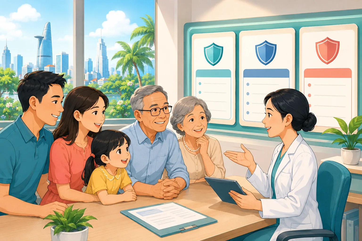 Gia đình trao đổi với nhân viên y tế để so sánh đúng sản phẩm và tổng chi phí vắc xin phế cầu