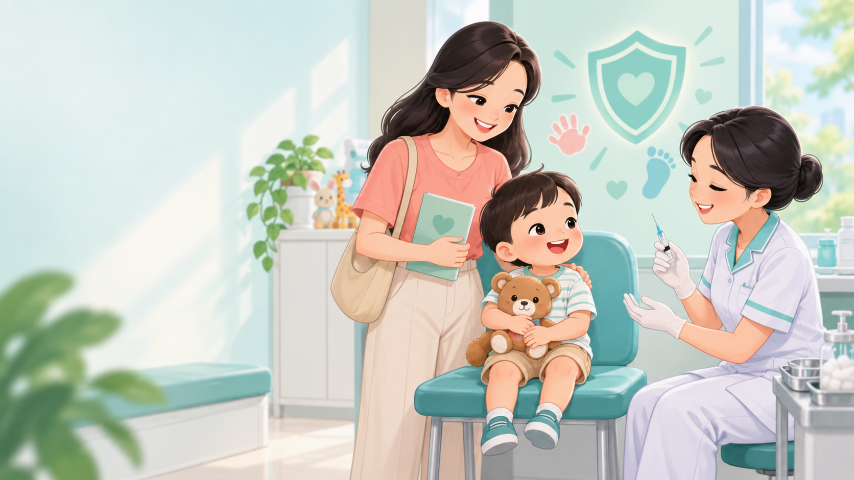 Minh họa cha mẹ đưa trẻ đến phòng tiêm chủng và nhân viên y tế tư vấn vắc xin EV71